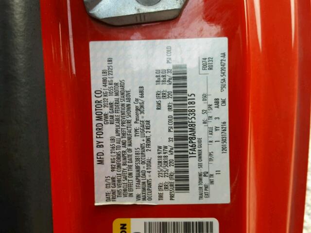 1FA6P8AM8F5381815 - 2015 FORD MUSTANG RED photo 10