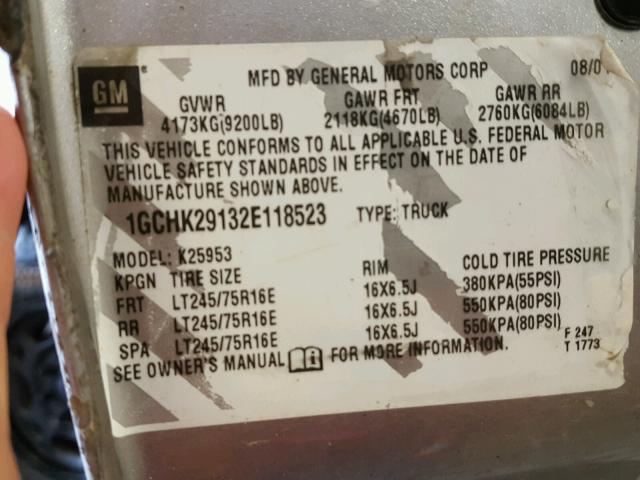 1GCHK29132E118523 - 2002 CHEVROLET SILVERADO TWO TONE photo 10