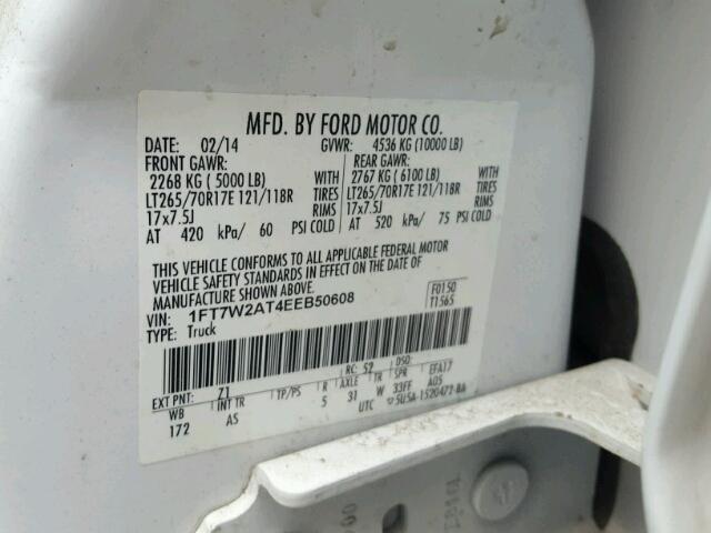 1FT7W2AT4EEB50608 - 2014 FORD F250 SUPER WHITE photo 10