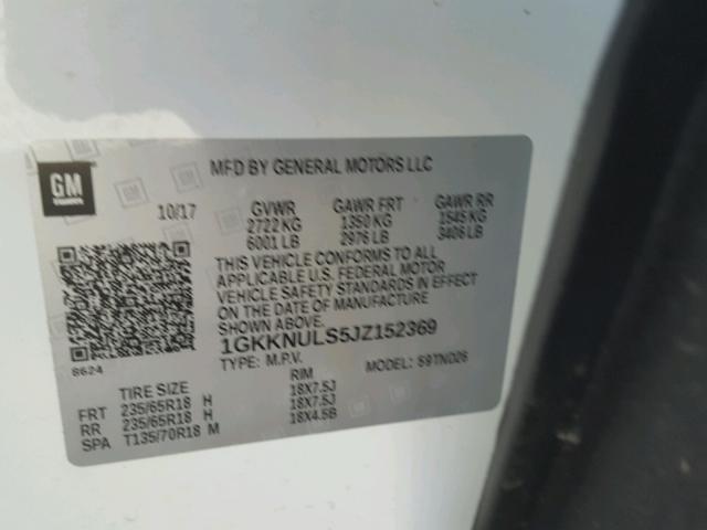 1GKKNULS5JZ152369 - 2018 GMC ACADIA SLT თეთრი ფოტო 10
