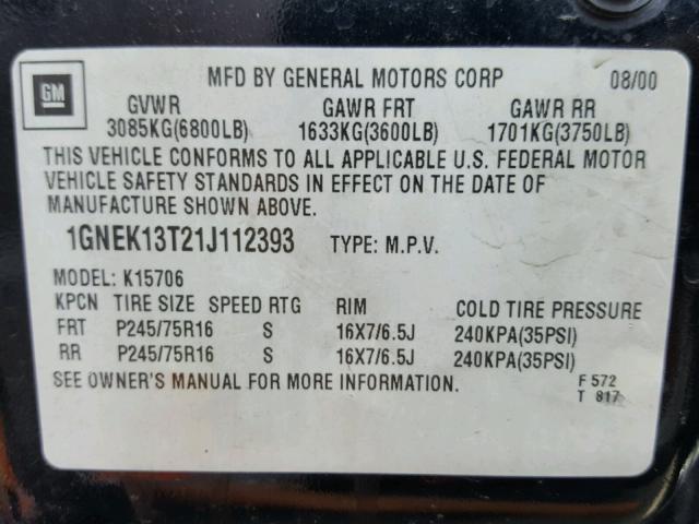 1GNEK13T21J112393 - 2001 CHEVROLET TAHOE K150 BLACK photo 10