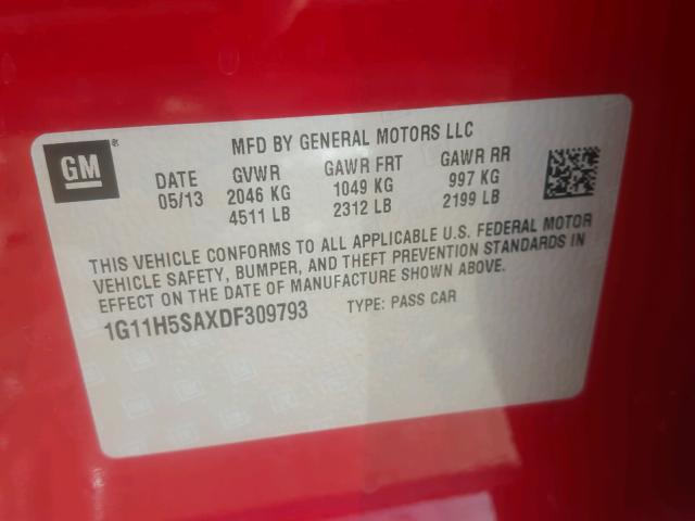 1G11H5SAXDF309793 - 2013 CHEVROLET MALIBU LTZ 红色 照片 10