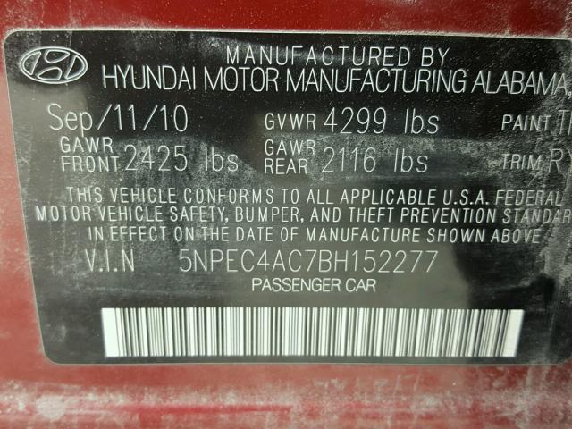 5NPEC4AC7BH152277 - 2011 HYUNDAI SONATA SE BURGUNDY photo 10