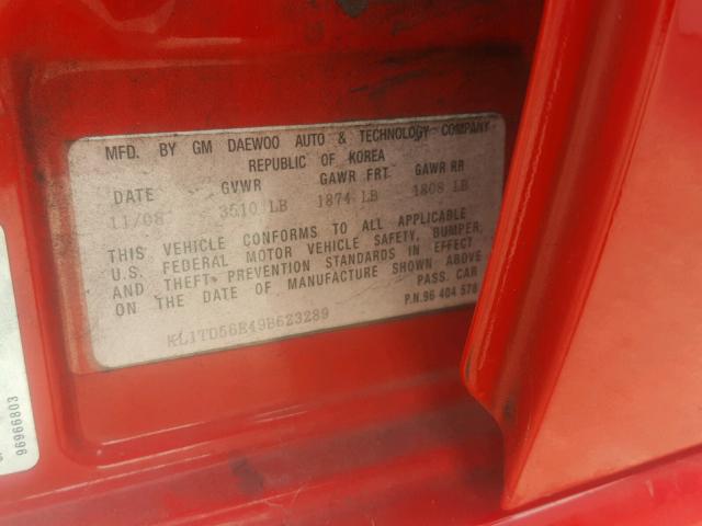 KL1TD56E49B623289 - 2009 CHEVROLET AVEO LS 红色 照片 10