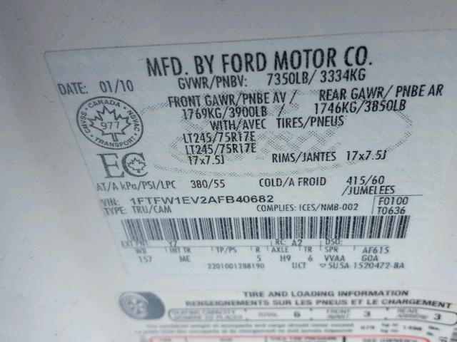 1FTFW1EV2AFB40682 - 2010 FORD F150 SUPER WHITE photo 10