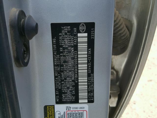 4T1BK46K87U004623 - 2007 TOYOTA CAMRY NEW SILVER photo 10