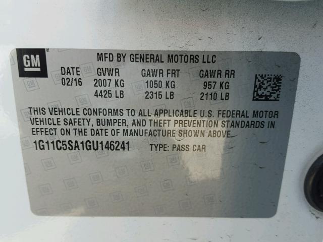 1G11C5SA1GU146241 - 2016 CHEVROLET MALIBU LIM Սպիտակ լուսանկար 10