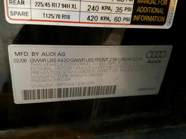 WAUNF78P56A159529 - 2006 AUDI A3 2.0 PRE BLACK photo 10