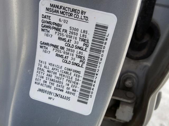 JN8DR09Y12W744405 - 2002 NISSAN PATHFINDER SILVER photo 10