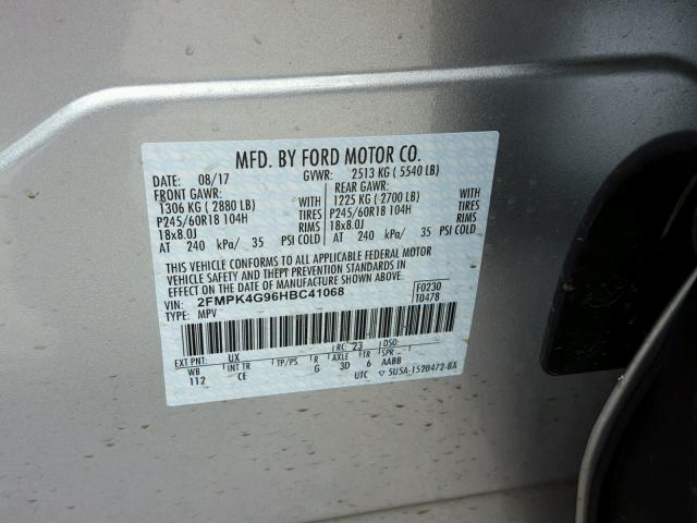 2FMPK4G96HBC41068 - 2017 FORD EDGE SE GRAY photo 10