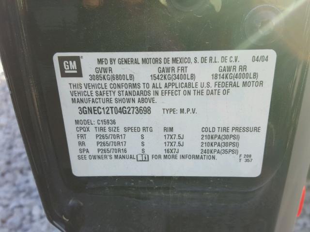 3GNEC12T04G273698 - 2004 CHEVROLET AVALANCHE BLACK photo 10