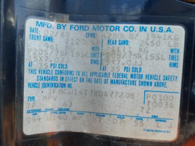 1FMCU14T7KUA77208 - 1989 FORD BRONCO II BLACK photo 10