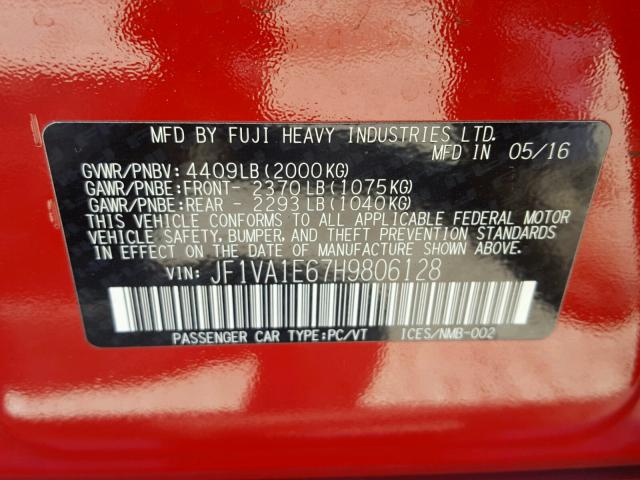 JF1VA1E67H9806128 - 2017 SUBARU WRX PREMIU RED photo 10