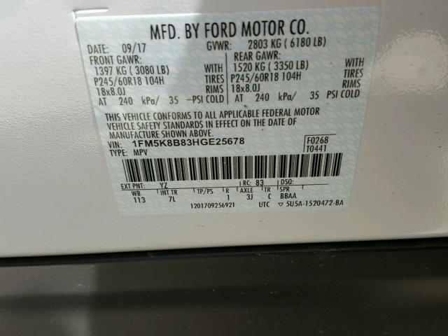 1FM5K8B83HGE25678 - 2017 FORD EXPLORER WHITE photo 10