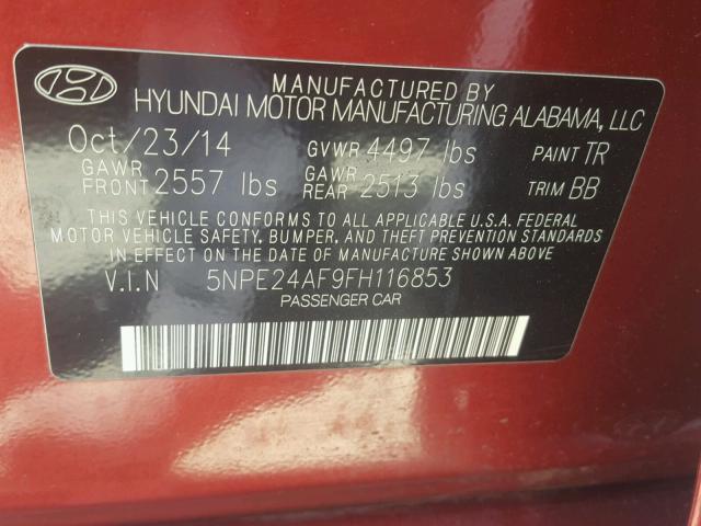 5NPE24AF9FH116853 - 2015 HYUNDAI SONATA SE RED photo 10