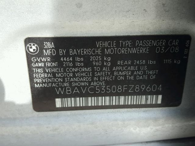 WBAVC53508FZ89604 - 2008 BMW 328 I SULE SILVER photo 10