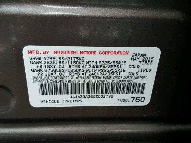 JA4AZ3A36GZ002792 - 2016 MITSUBISHI OUTLANDER BROWN photo 10