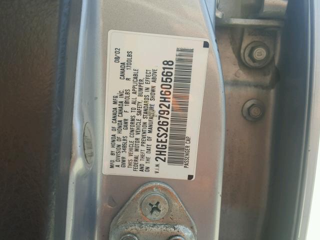 2HGES26792H605618 - 2002 HONDA CIVIC EX SILVER photo 10