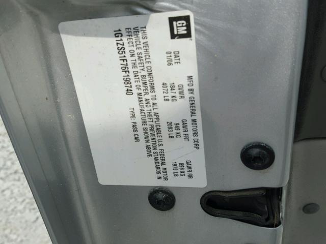 1G1ZS51F76F198740 - 2006 CHEVROLET MALIBU LS ვერცხლისფერი ფოტო 10