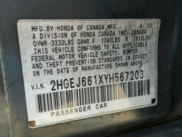 2HGEJ661XYH567203 - 2000 HONDA CIVIC BASE TEAL photo 10