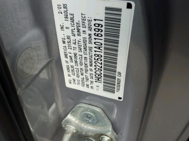 1HGCG22581A016991 - 2001 HONDA ACCORD EX GRAY photo 10