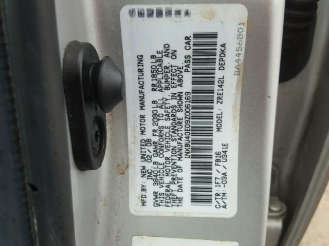 1NXBU40E09Z006169 - 2009 TOYOTA COROLLA BA SILVER photo 10