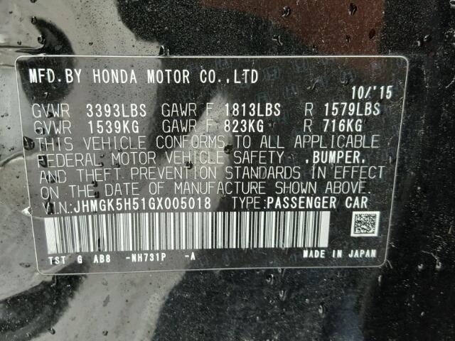 JHMGK5H51GX005018 - 2016 HONDA FIT LX Noir photo 10