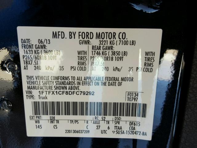 1FTFX1CF8DFC79292 - 2013 FORD F150 SUPER BLACK photo 10