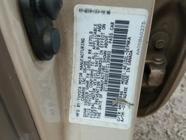 2T1BB02E8TC139993 - 1996 TOYOTA COROLLA DX GOLD photo 10