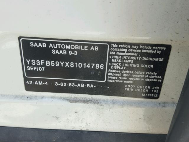 YS3FB59YX81014786 - 2008 SAAB 9-3 2.0T CREAM photo 10