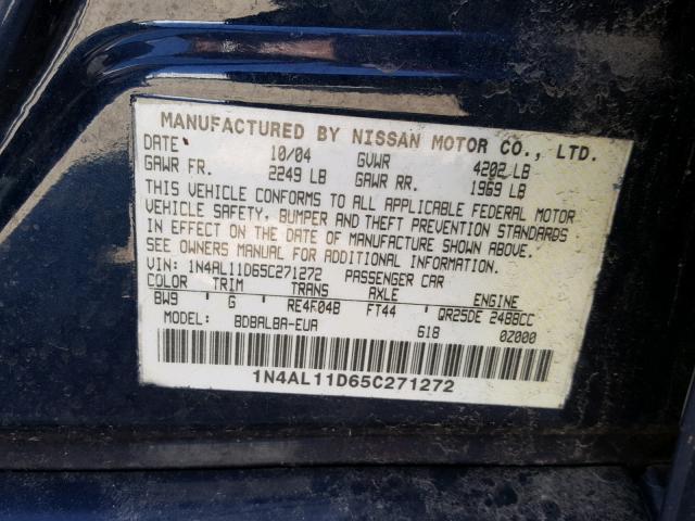 1N4AL11D65C271272 - 2005 NISSAN ALTIMA S BLUE photo 10