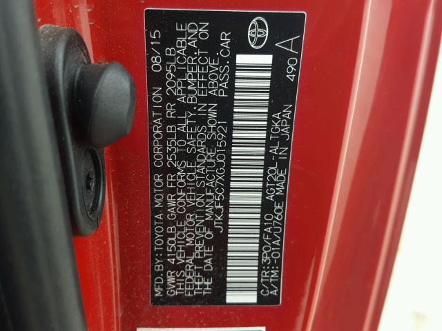 JTKJF5C7XGJ015921 - 2016 TOYOTA SCION TC 红色 照片 10