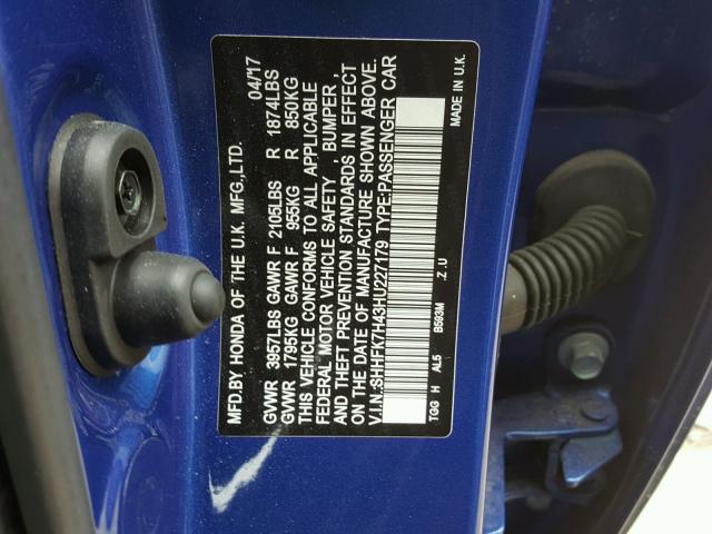 SHHFK7H43HU227179 - 2017 HONDA CIVIC SPOR BLUE photo 10