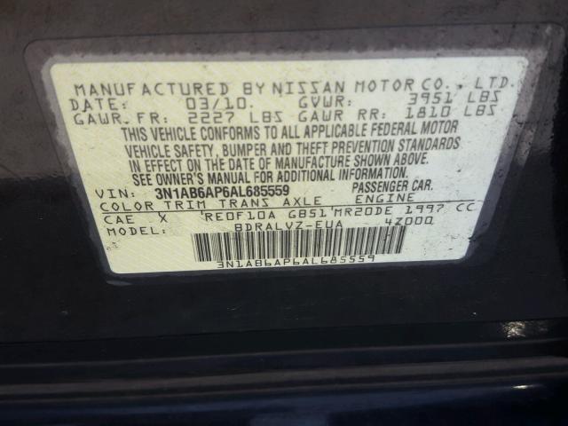 3N1AB6AP6AL685559 - 2010 NISSAN SENTRA 2.0 BLACK photo 10