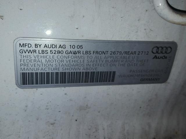 WAUDH74F66N083962 - 2006 AUDI A6 3.2 QUA WHITE photo 10