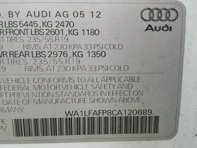 WA1LFAFP8CA120689 - 2012 AUDI Q5 PREMIUM WHITE photo 10