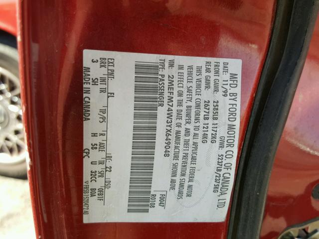 2MEFM74W3YX649048 - 2000 MERCURY GRAND MARQ RED photo 10