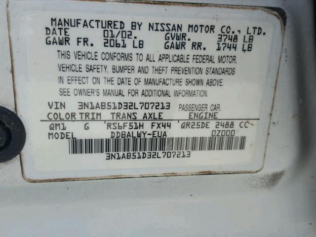 3N1AB51D32L707213 - 2002 NISSAN SENTRA SE- WHITE photo 10