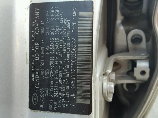 KM8JN12D56U256272 - 2006 HYUNDAI TUCSON GLS SILVER photo 10