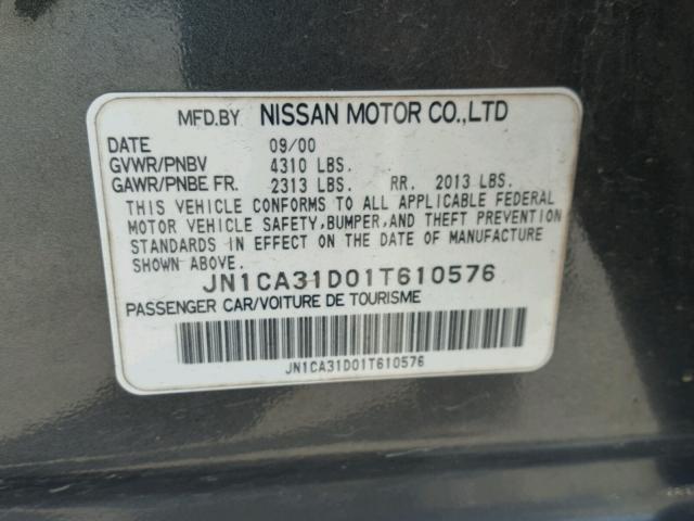 JN1CA31D01T610576 - 2001 NISSAN MAXIMA GXE CHARCOAL photo 10