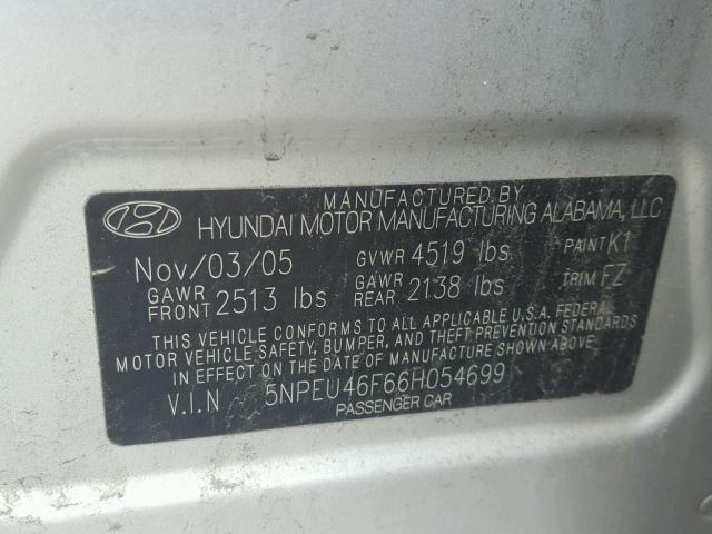 5NPEU46F66H054699 - 2006 HYUNDAI SONATA GLS SILVER photo 10