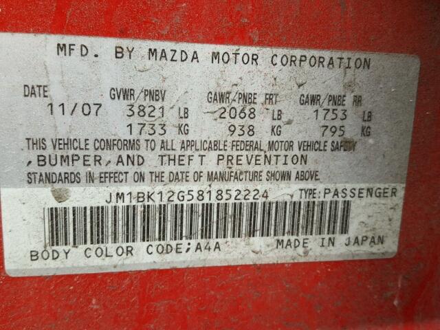 JM1BK12G581852224 - 2008 MAZDA 3 I RED photo 10