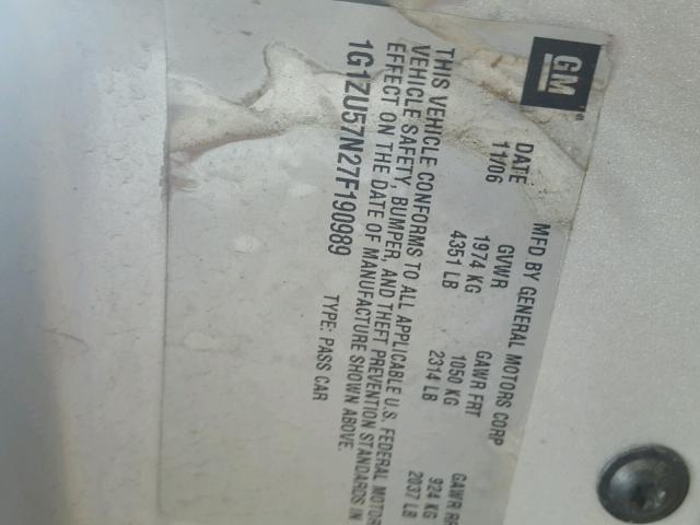 1G1ZU57N27F190989 - 2007 CHEVROLET MALIBU LTZ 银色 照片 10