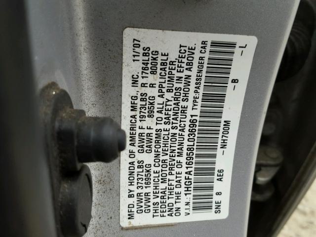 1HGFA16958L036961 - 2008 HONDA CIVIC EXL SILVER photo 10