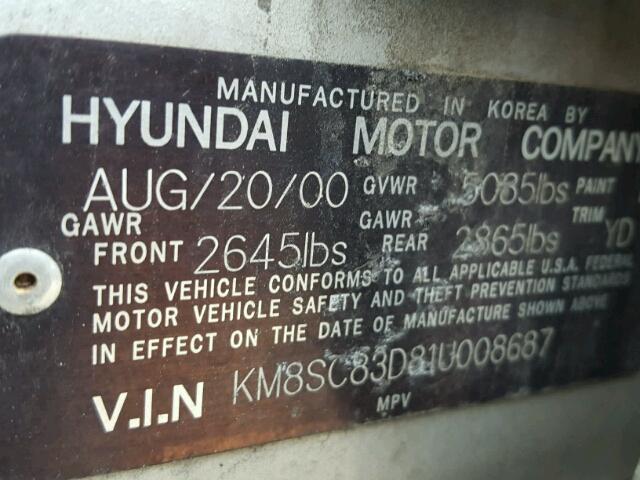 KM8SC83D81U008687 - 2001 HYUNDAI SANTA FE G SILVER photo 10