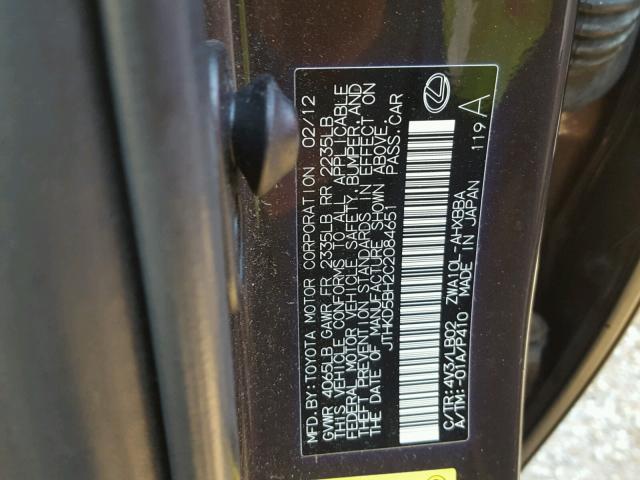 JTHKD5BH2C2084651 - 2012 LEXUS CT 200 BROWN photo 10