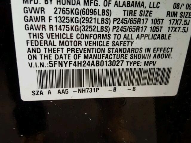 5FNYF4H24AB013027 - 2010 HONDA PILOT LX BLACK photo 10