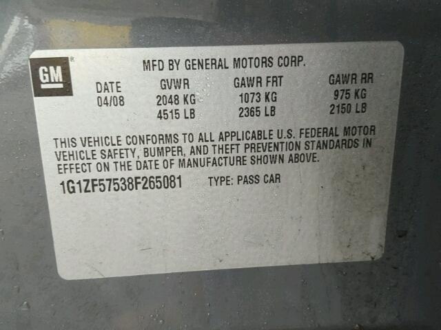 1G1ZF57538F265081 - 2008 CHEVROLET MALIBU HYB ნაცრისფერი ფოტო 10