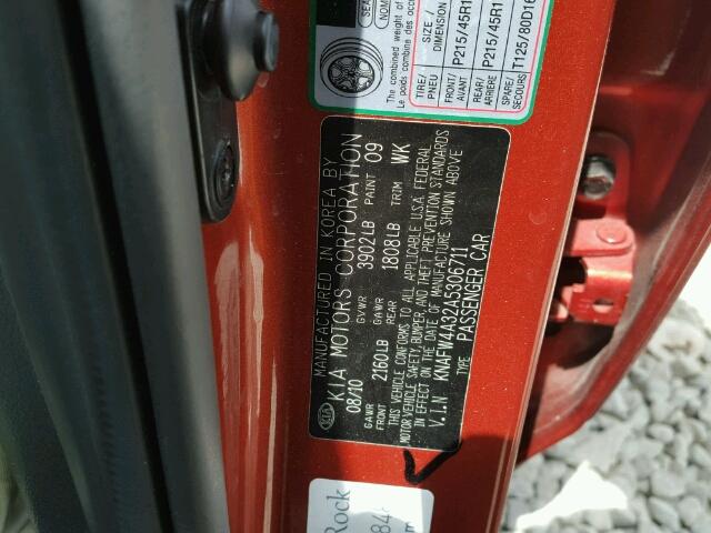 KNAFW4A32A5306711 - 2010 KIA FORTE SX RED photo 10