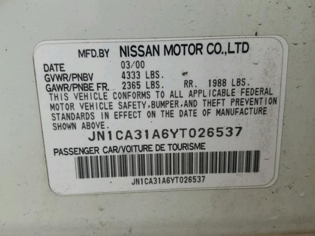 JN1CA31A6YT026537 - 2000 NISSAN MAXIMA GLE WHITE photo 10